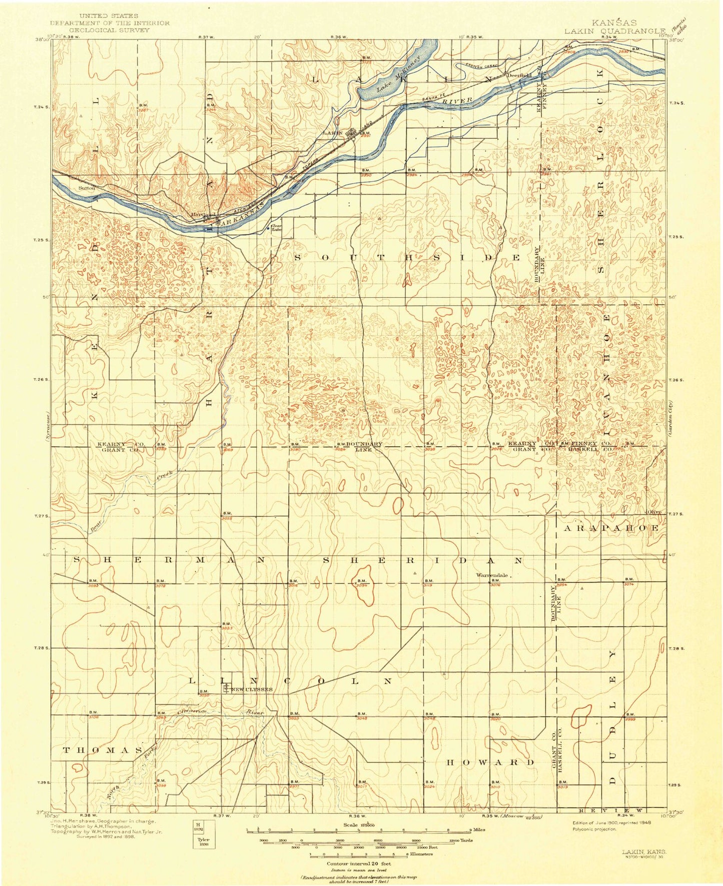 Historic 1900 Lakin Kansas 30'x30' Topo Map Image