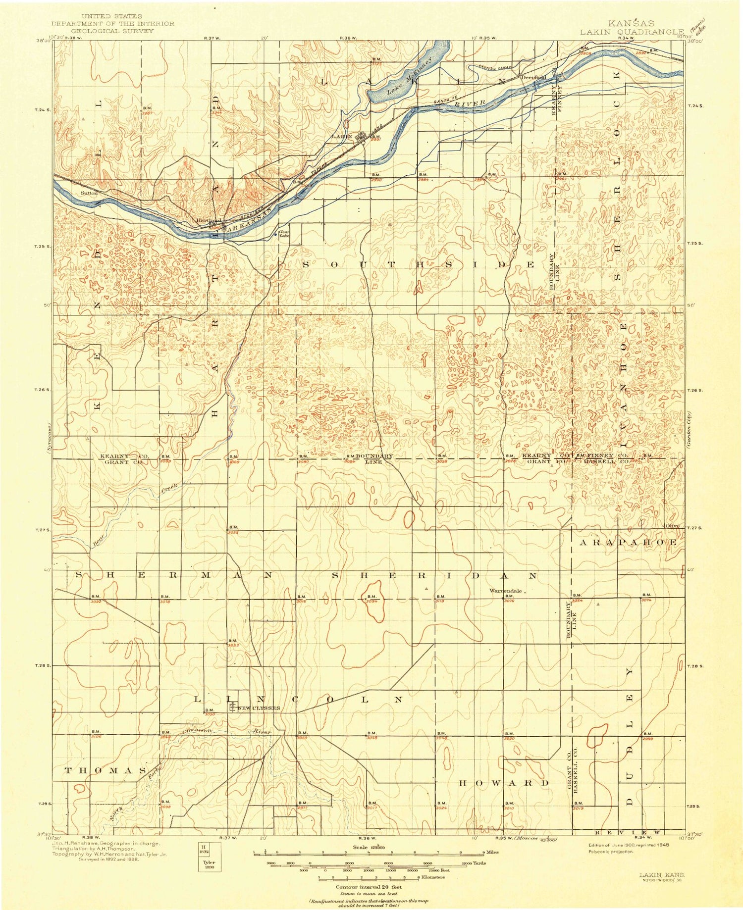 Historic 1900 Lakin Kansas 30'x30' Topo Map Image