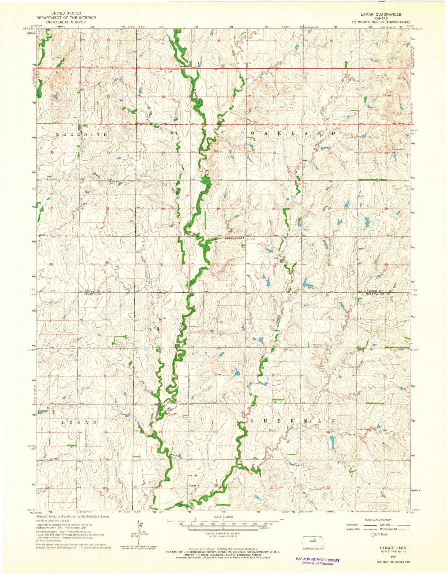 Classic USGS Lamar Kansas 7.5'x7.5' Topo Map Image