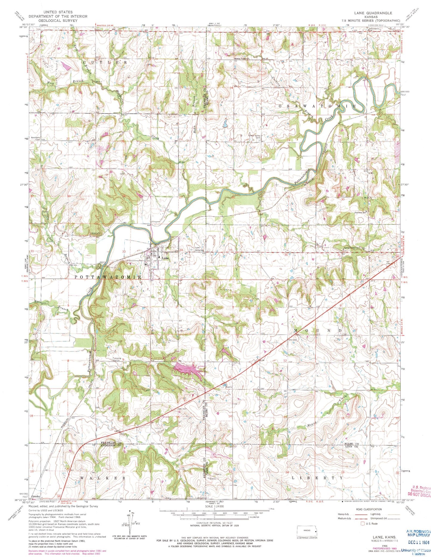 Classic USGS Lane Kansas 7.5'x7.5' Topo Map Image
