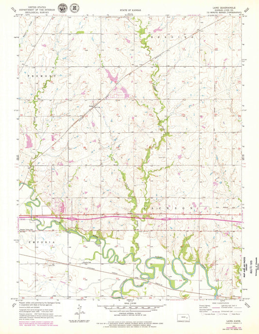 Classic USGS Lang Kansas 7.5'x7.5' Topo Map Image