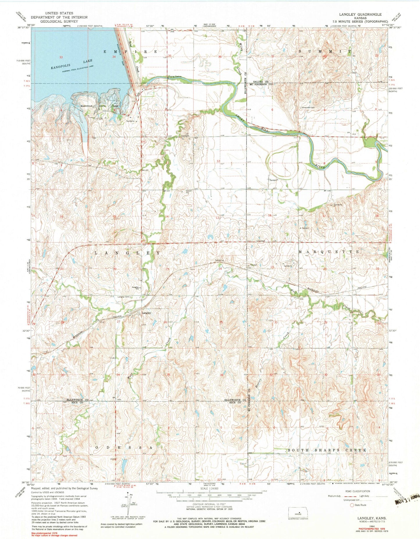 Classic USGS Langley Kansas 7.5'x7.5' Topo Map Image