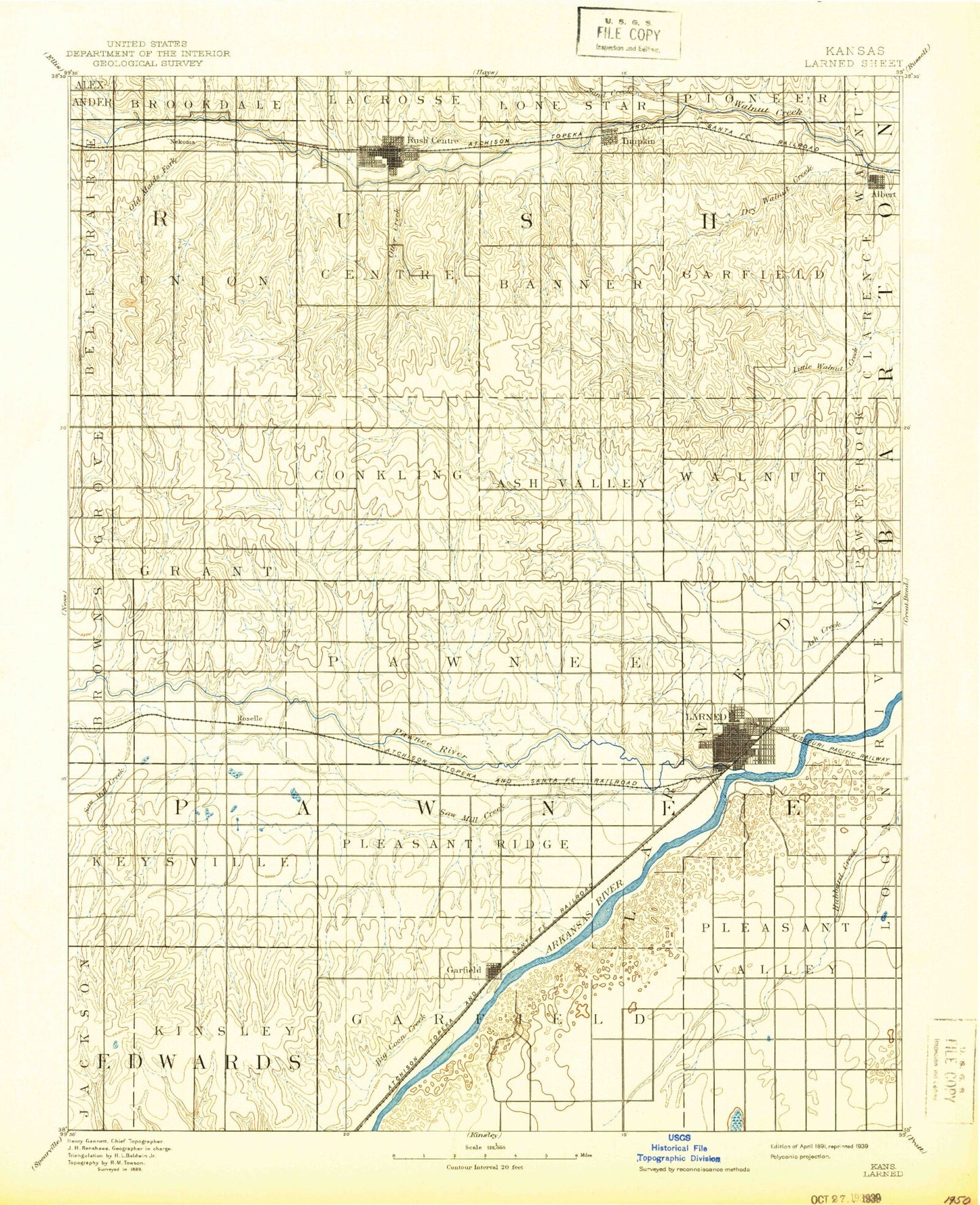 Historic 1891 Lamed Kansas 30'x30' Topo Map Image