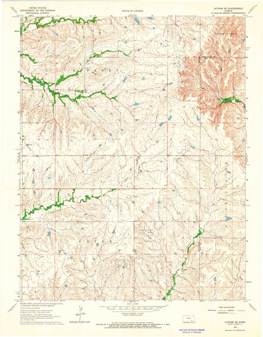 Classic USGS Latham SE Kansas 7.5'x7.5' Topo Map Image