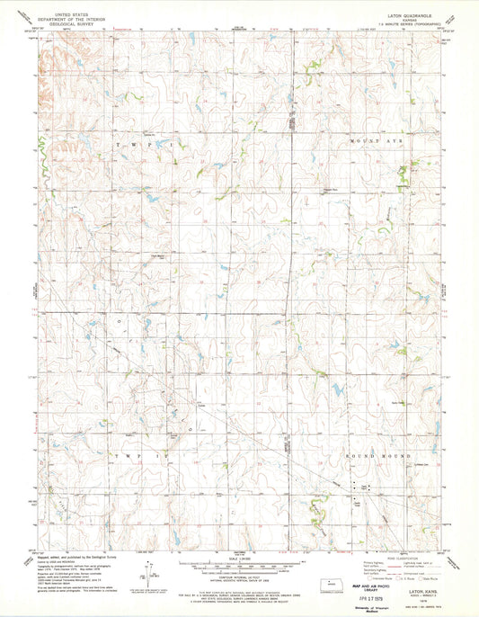 Classic USGS Laton Kansas 7.5'x7.5' Topo Map Image