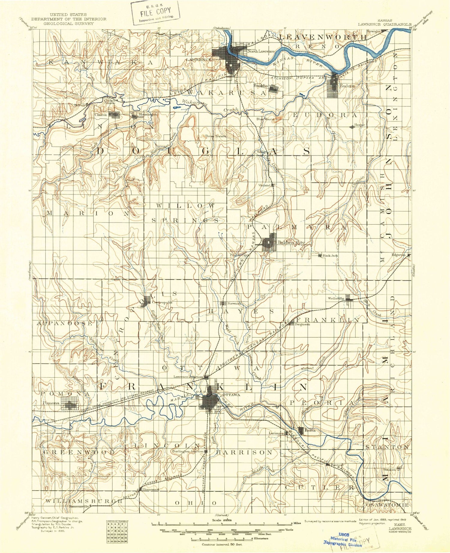 Historic 1889 Lawrence Kansas 30'x30' Topo Map Image
