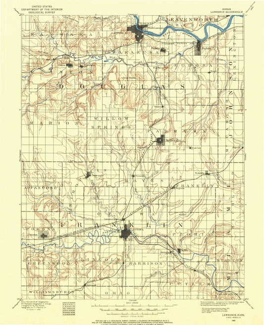 Historic 1885 Lawrence Kansas 30'x30' Topo Map Image