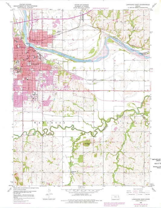 Classic USGS Lawrence East Kansas 7.5'x7.5' Topo Map Image