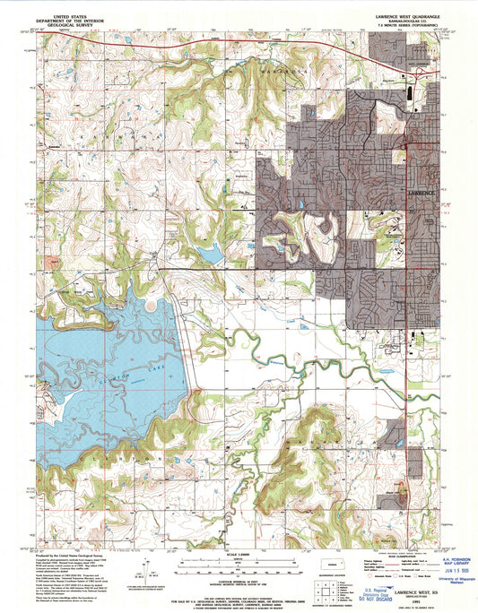Classic USGS Lawrence West Kansas 7.5'x7.5' Topo Map Image