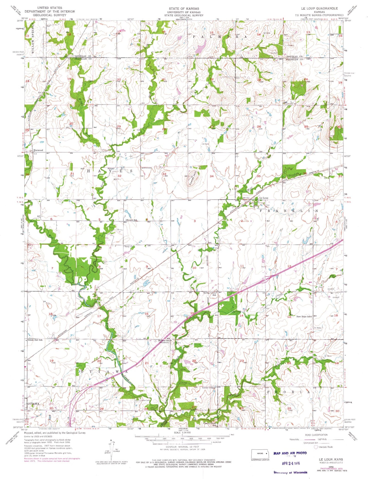 Classic USGS Le Loup Kansas 7.5'x7.5' Topo Map Image