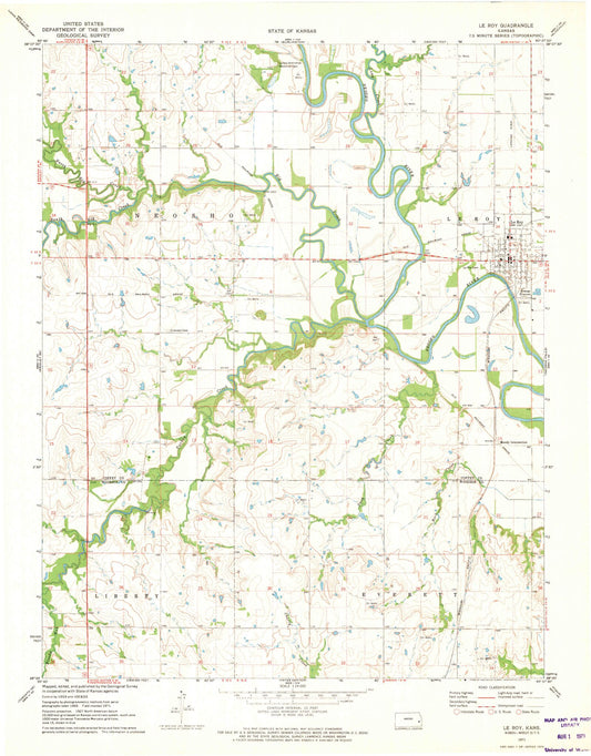 Classic USGS Le Roy Kansas 7.5'x7.5' Topo Map Image