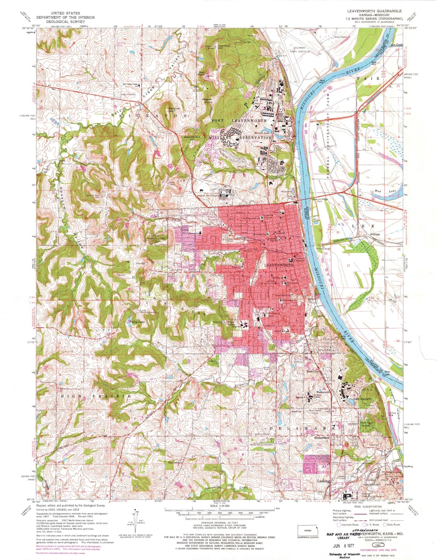 Classic USGS Leavenworth Kansas 7.5'x7.5' Topo Map Image