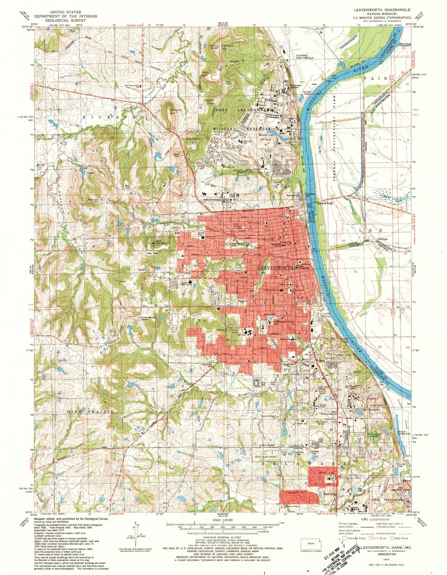 Classic USGS Leavenworth Kansas 7.5'x7.5' Topo Map Image