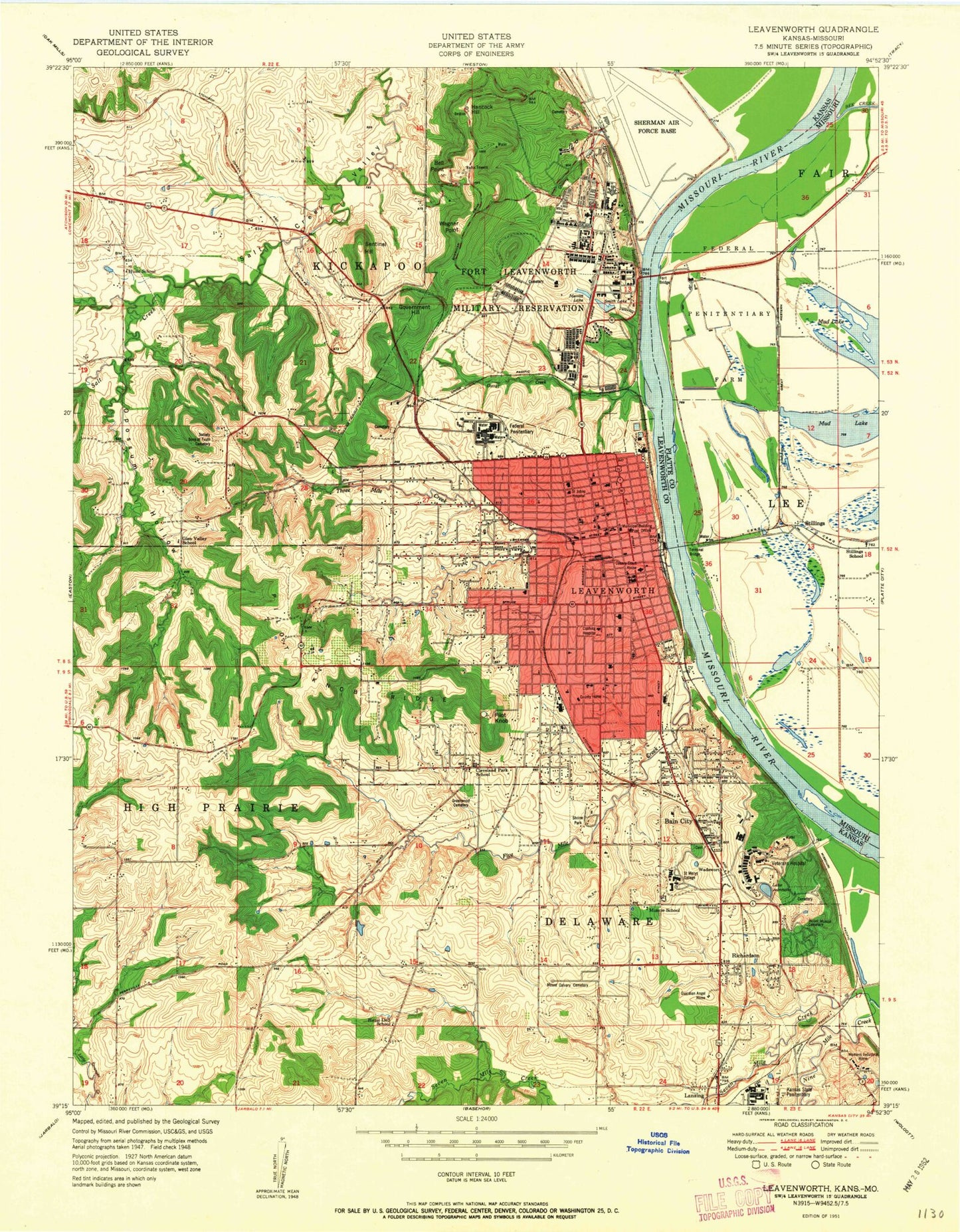 Classic USGS Leavenworth Kansas 7.5'x7.5' Topo Map Image