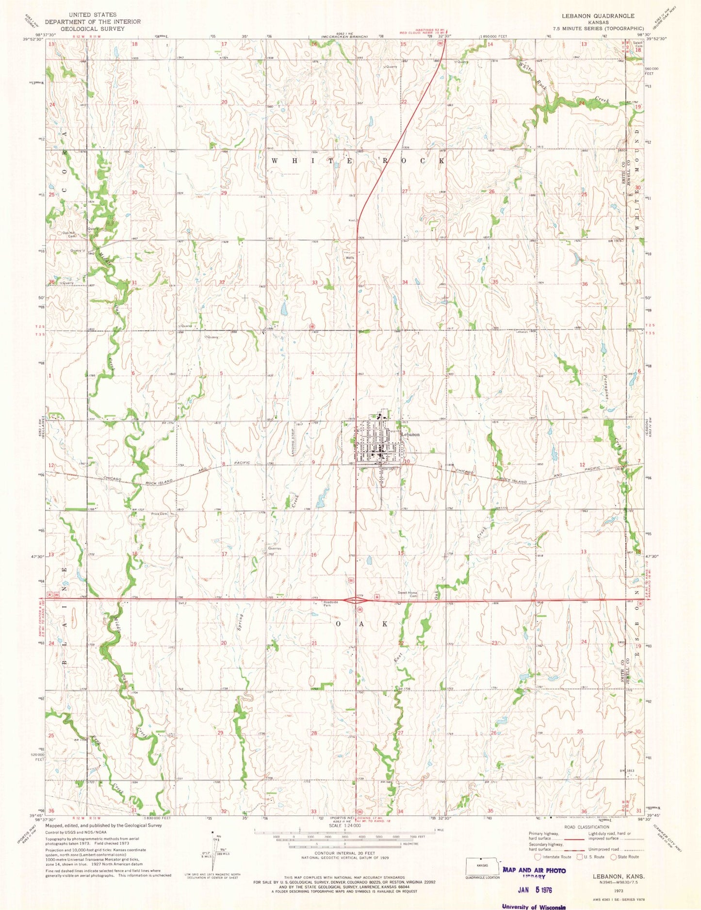 Classic USGS Lebanon Kansas 7.5'x7.5' Topo Map Image