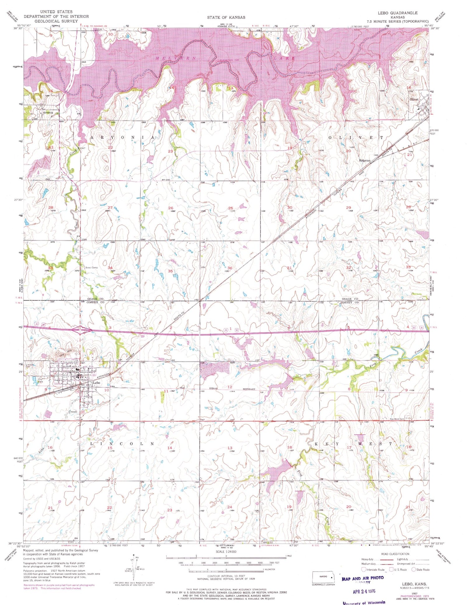 Classic USGS Lebo Kansas 7.5'x7.5' Topo Map Image