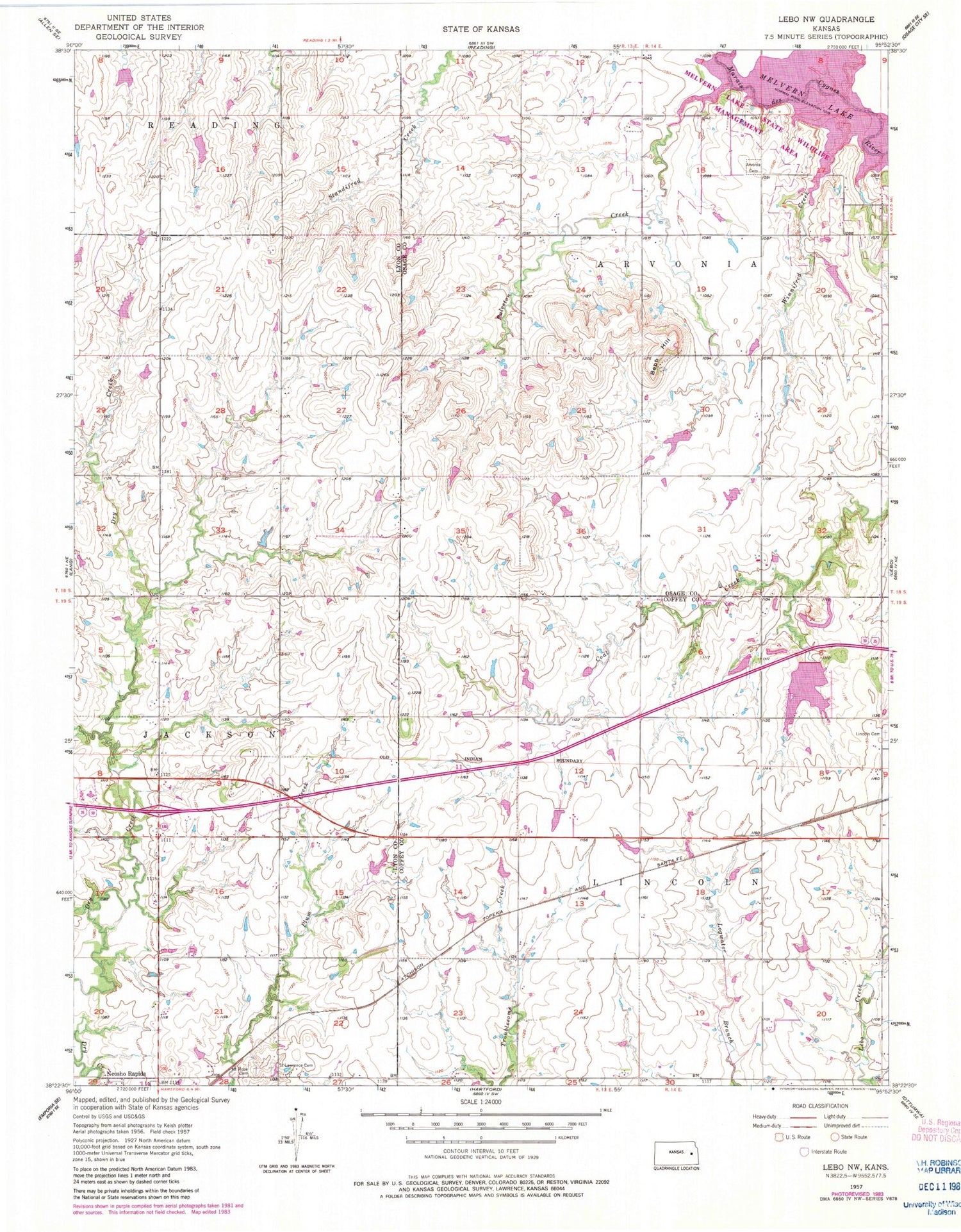 Classic USGS Lebo NW Kansas 7.5'x7.5' Topo Map Image