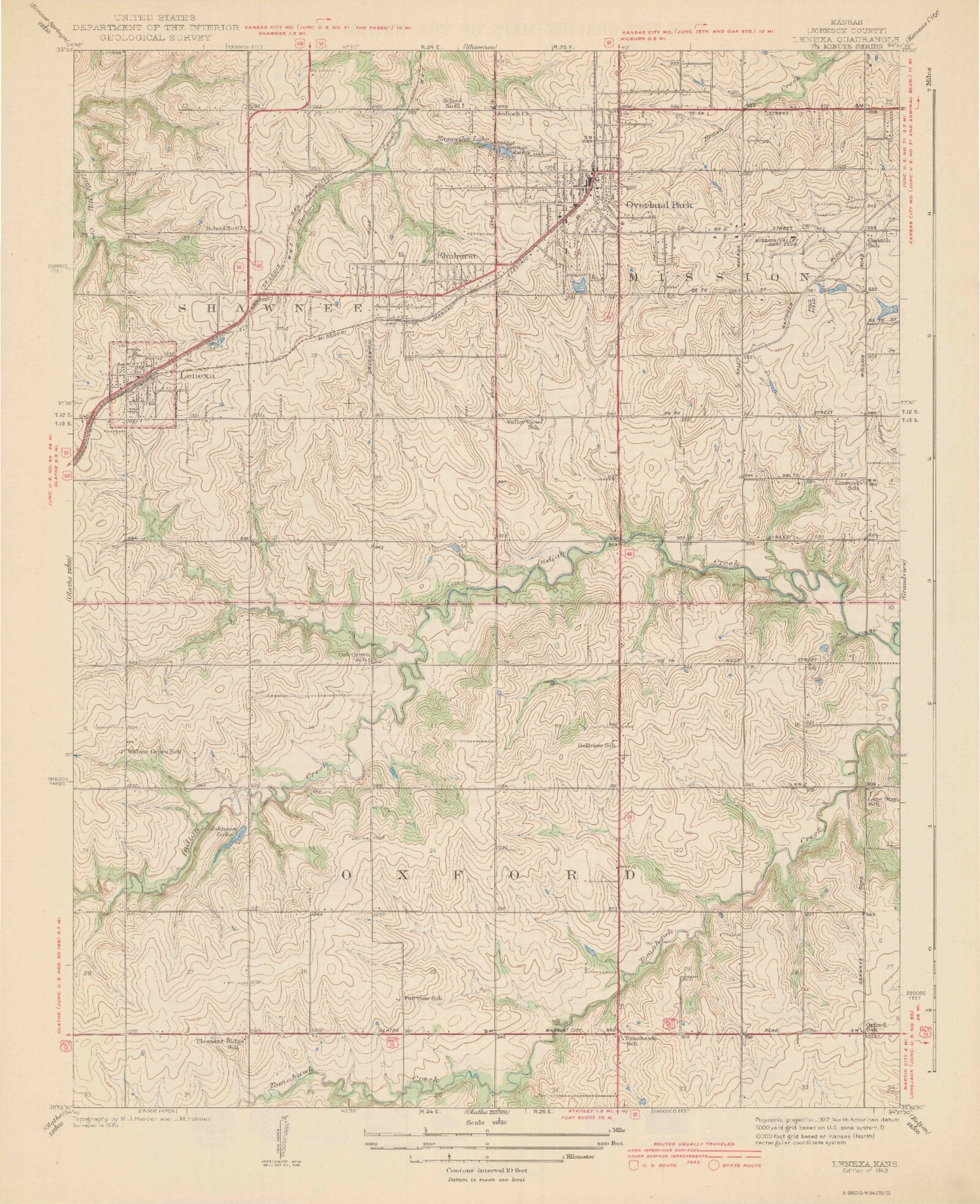 Classic USGS Lenexa Kansas 7.5'x7.5' Topo Map Image