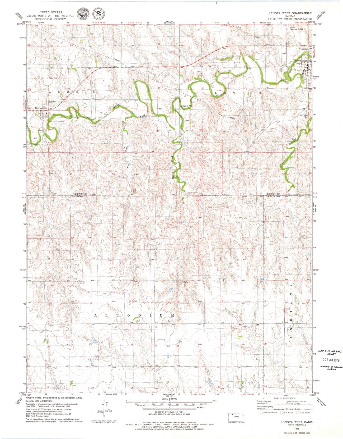 Classic USGS Lenora West Kansas 7.5'x7.5' Topo Map Image