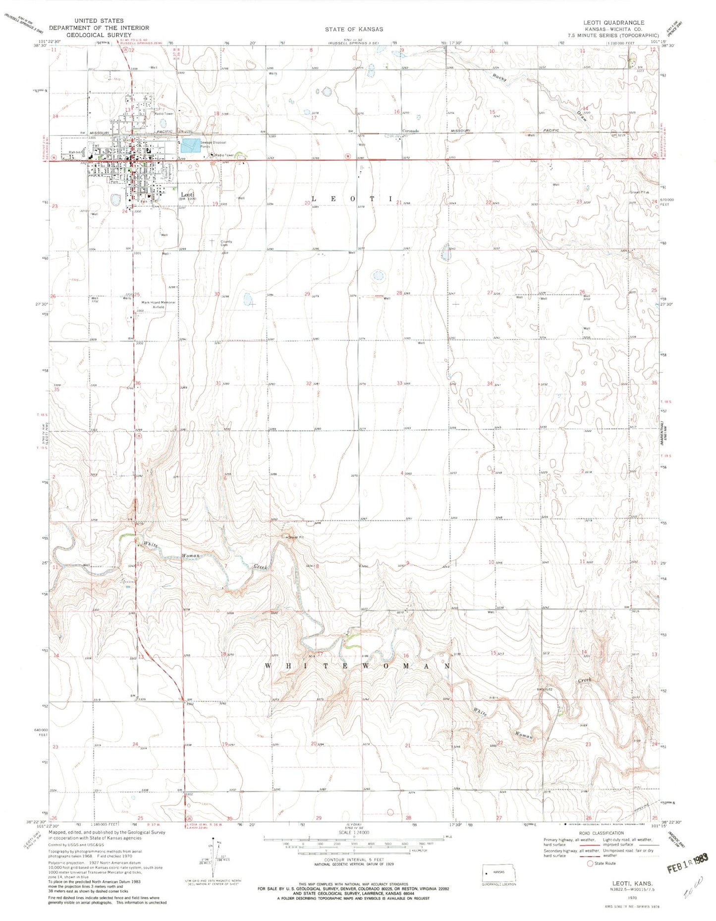 Classic USGS Leoti Kansas 7.5'x7.5' Topo Map Image