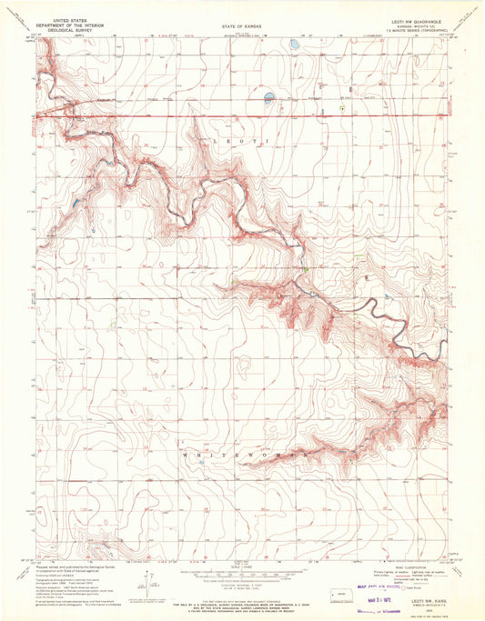Classic USGS Leoti NW Kansas 7.5'x7.5' Topo Map Image