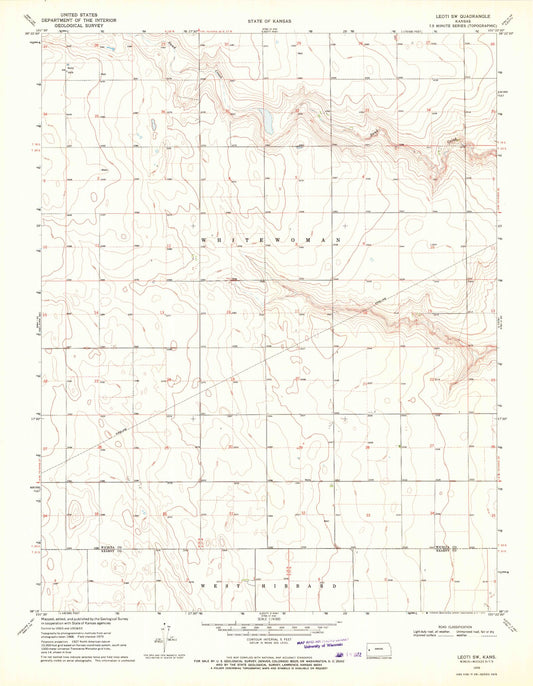 Classic USGS Leoti SW Kansas 7.5'x7.5' Topo Map Image