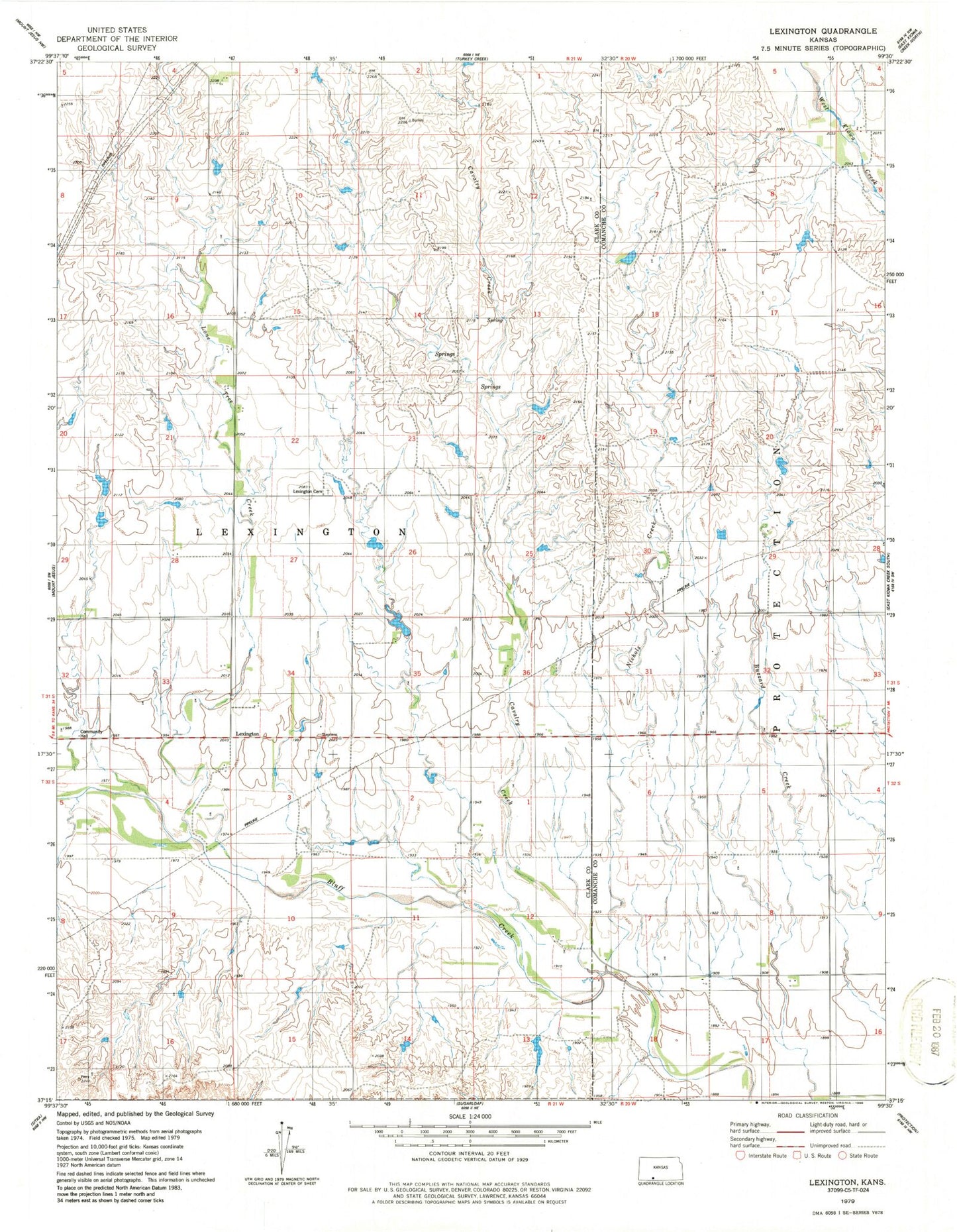Classic USGS Lexington Kansas 7.5'x7.5' Topo Map Image