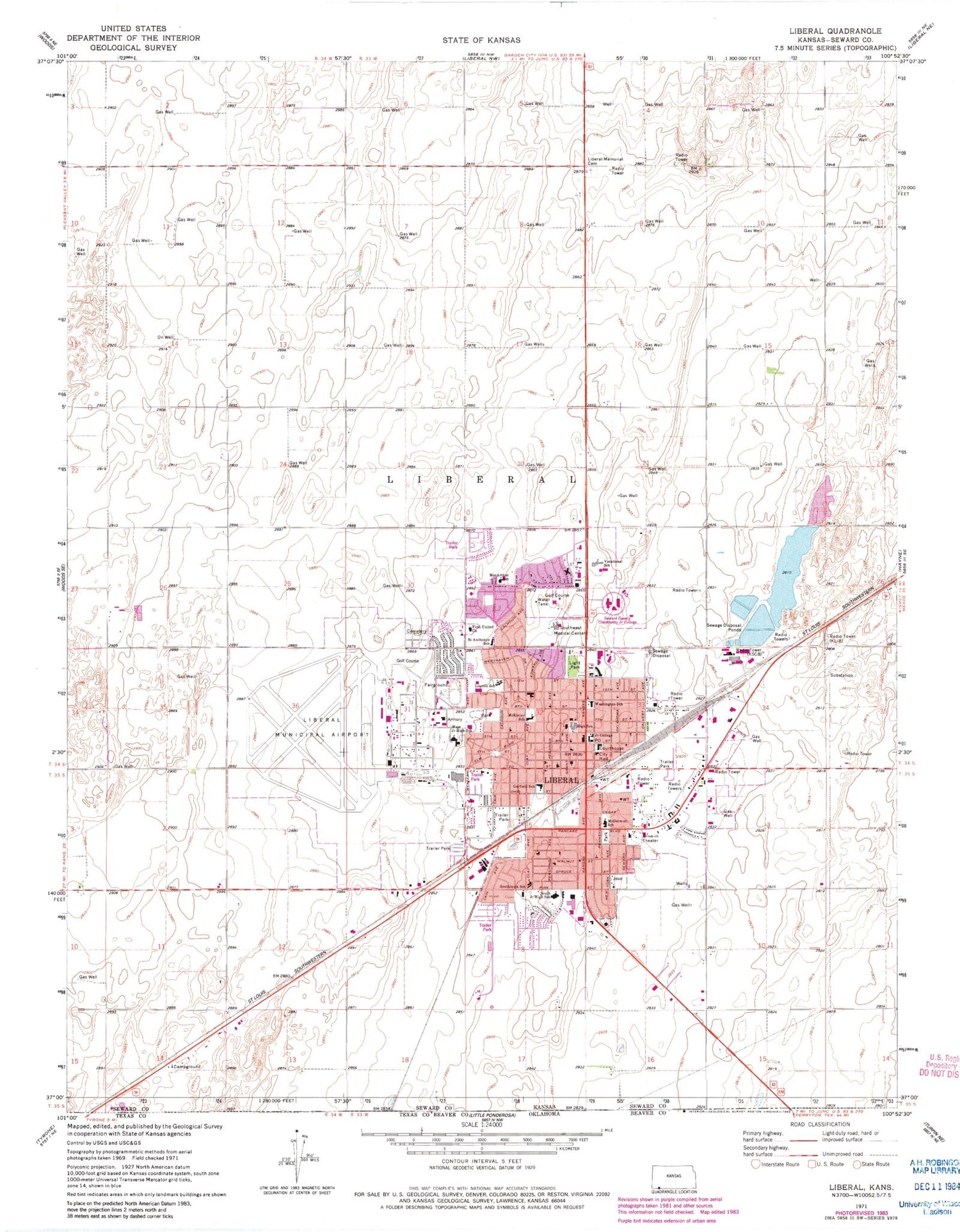 Classic USGS Liberal Kansas 7.5'x7.5' Topo Map Image