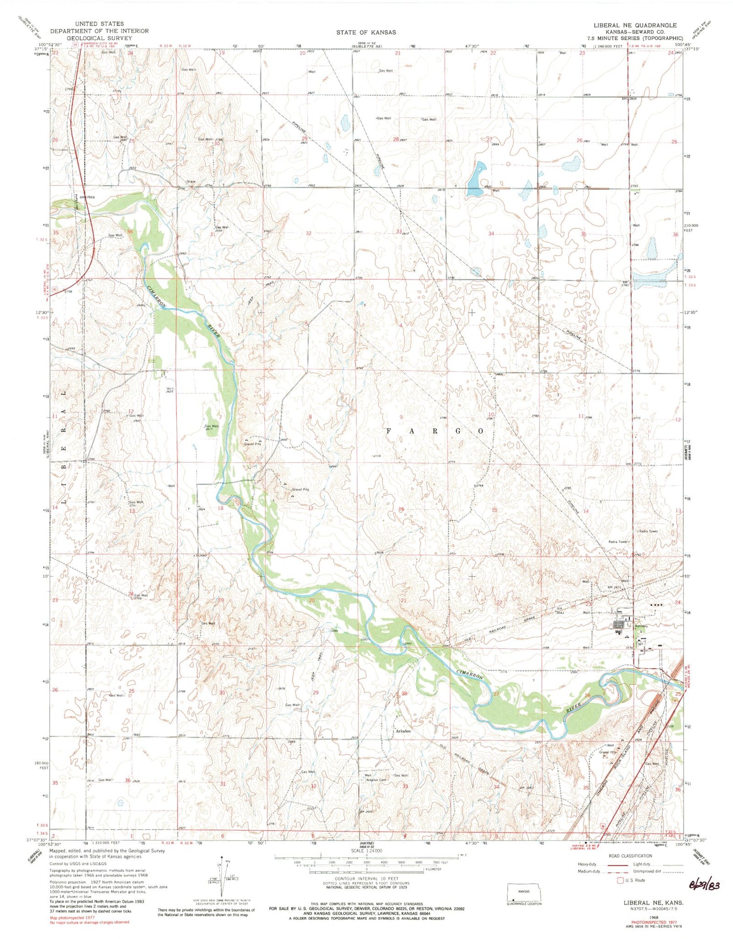 Classic USGS Liberal NE Kansas 7.5'x7.5' Topo Map Image