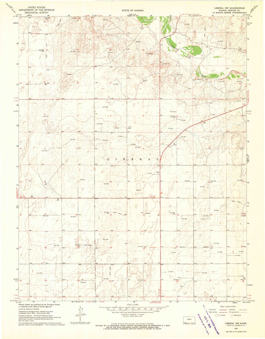 Classic USGS Liberal NW Kansas 7.5'x7.5' Topo Map Image