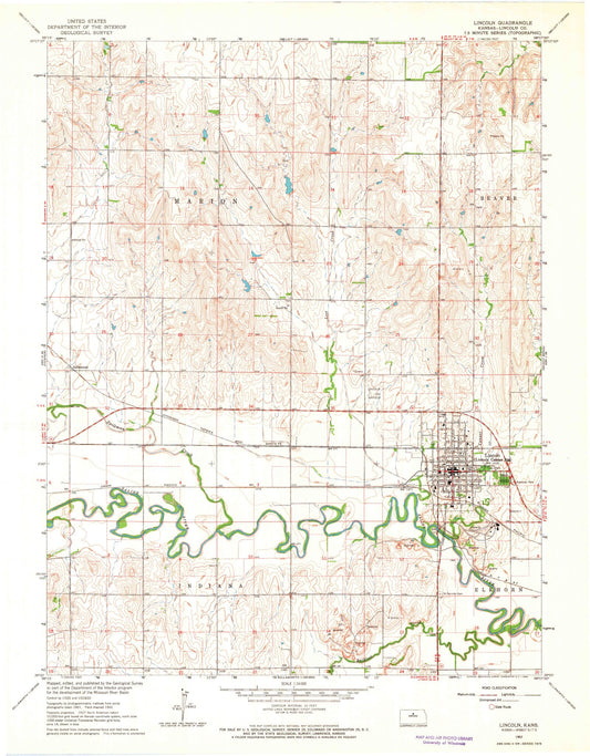 Classic USGS Lincoln Kansas 7.5'x7.5' Topo Map Image