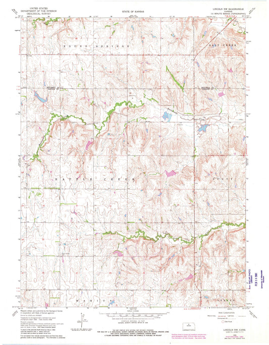 Classic USGS Lincoln NW Kansas 7.5'x7.5' Topo Map Image