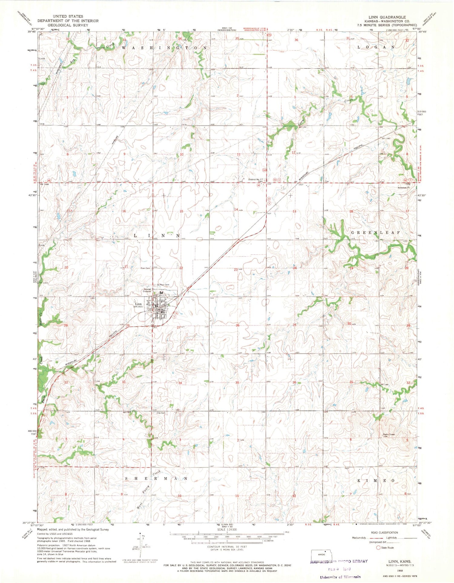 Classic USGS Linn Kansas 7.5'x7.5' Topo Map Image