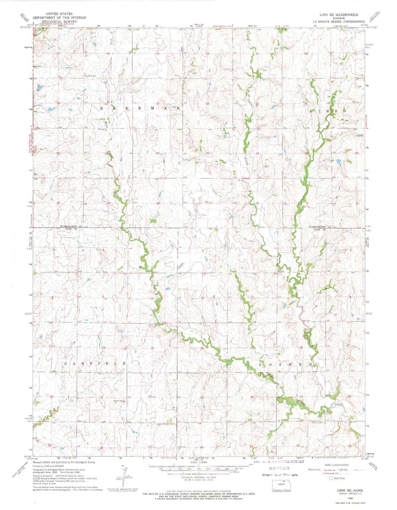 Classic USGS Linn SE Kansas 7.5'x7.5' Topo Map Image