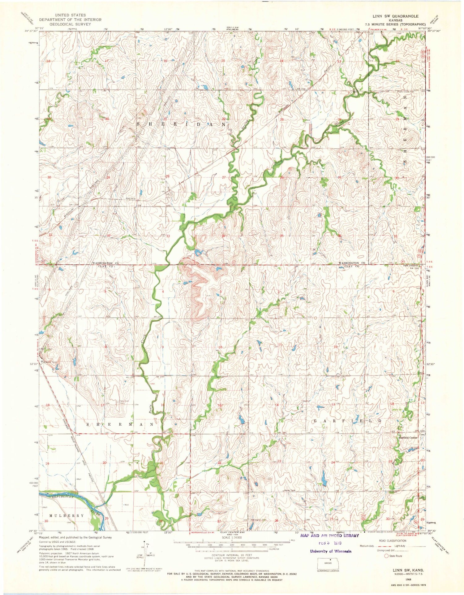 Classic USGS Linn SW Kansas 7.5'x7.5' Topo Map Image