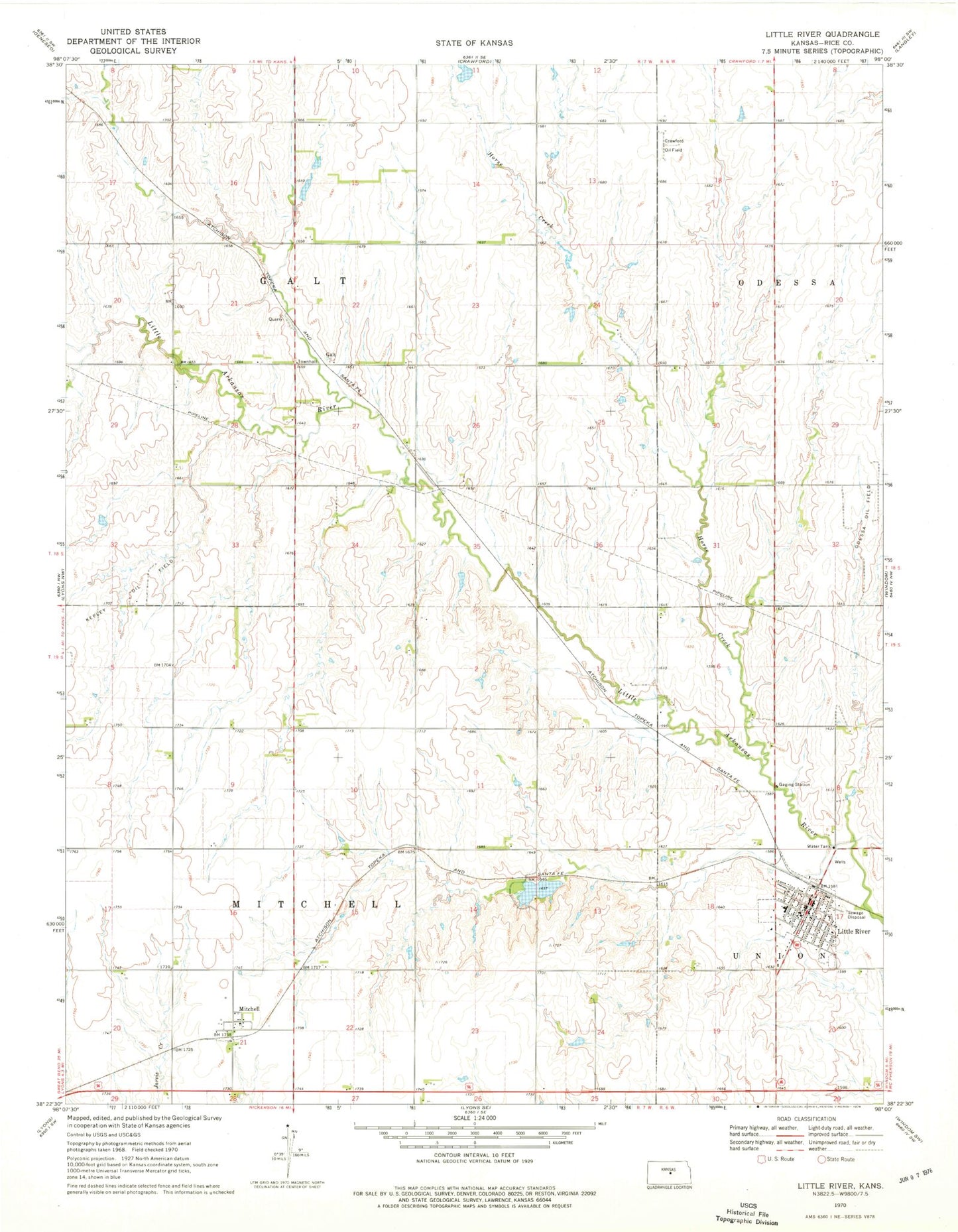 Classic USGS Little River Kansas 7.5'x7.5' Topo Map Image