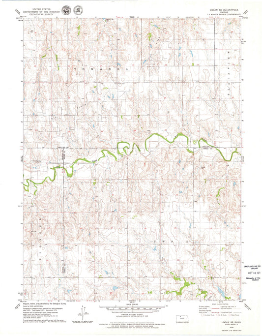 Classic USGS Logan SE Kansas 7.5'x7.5' Topo Map Image