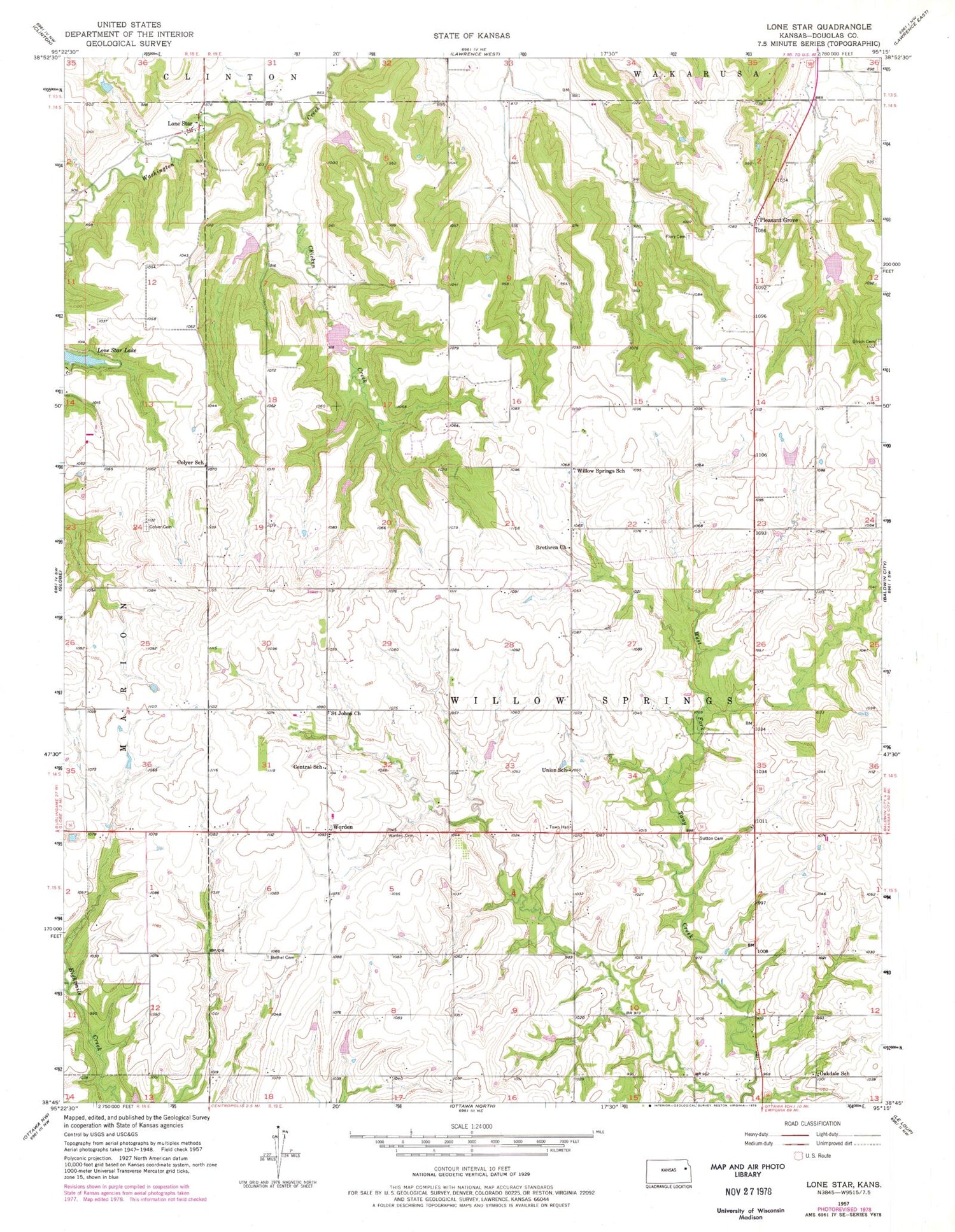 Classic USGS Lone Star Kansas 7.5'x7.5' Topo Map Image
