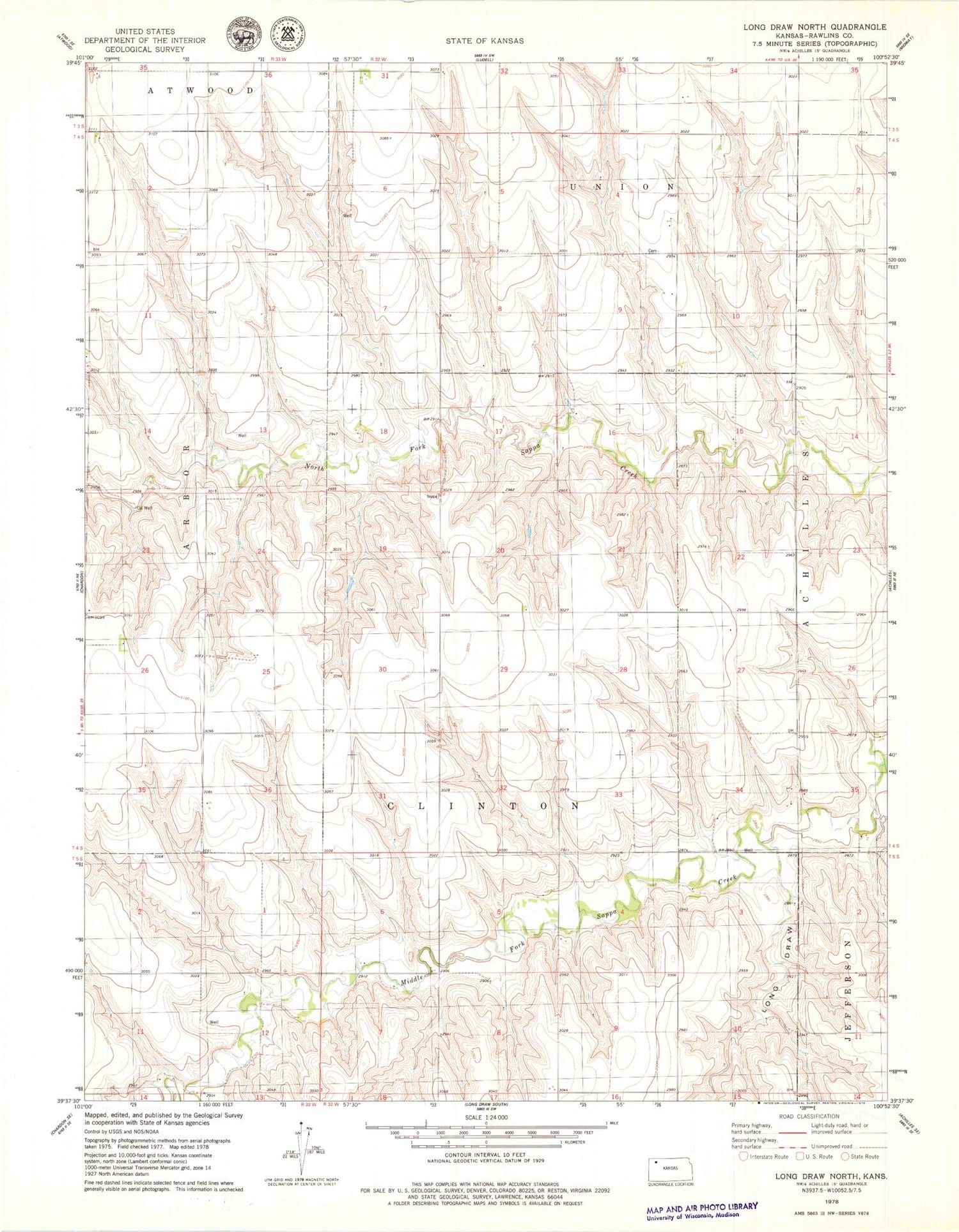 Classic USGS Long Draw North Kansas 7.5'x7.5' Topo Map Image