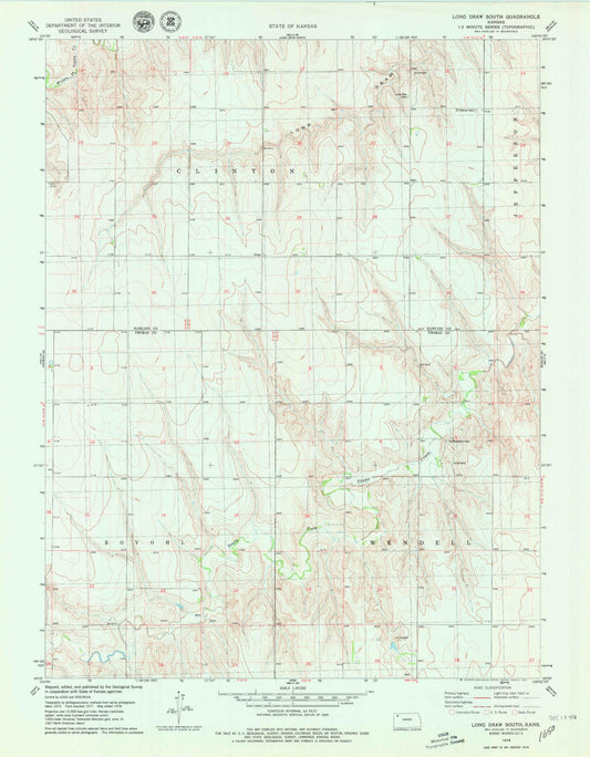 Classic USGS Long Draw South Kansas 7.5'x7.5' Topo Map Image