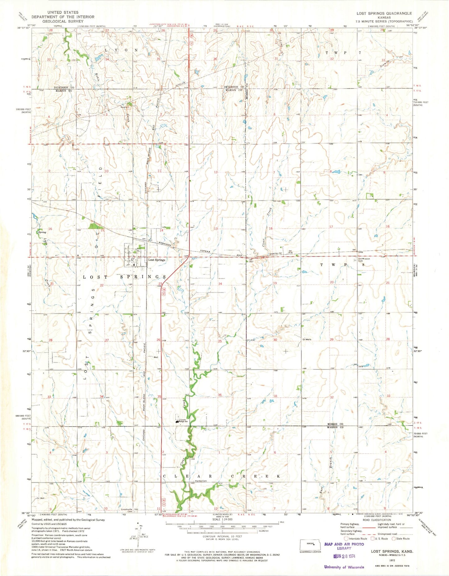 Classic USGS Lost Springs Kansas 7.5'x7.5' Topo Map Image