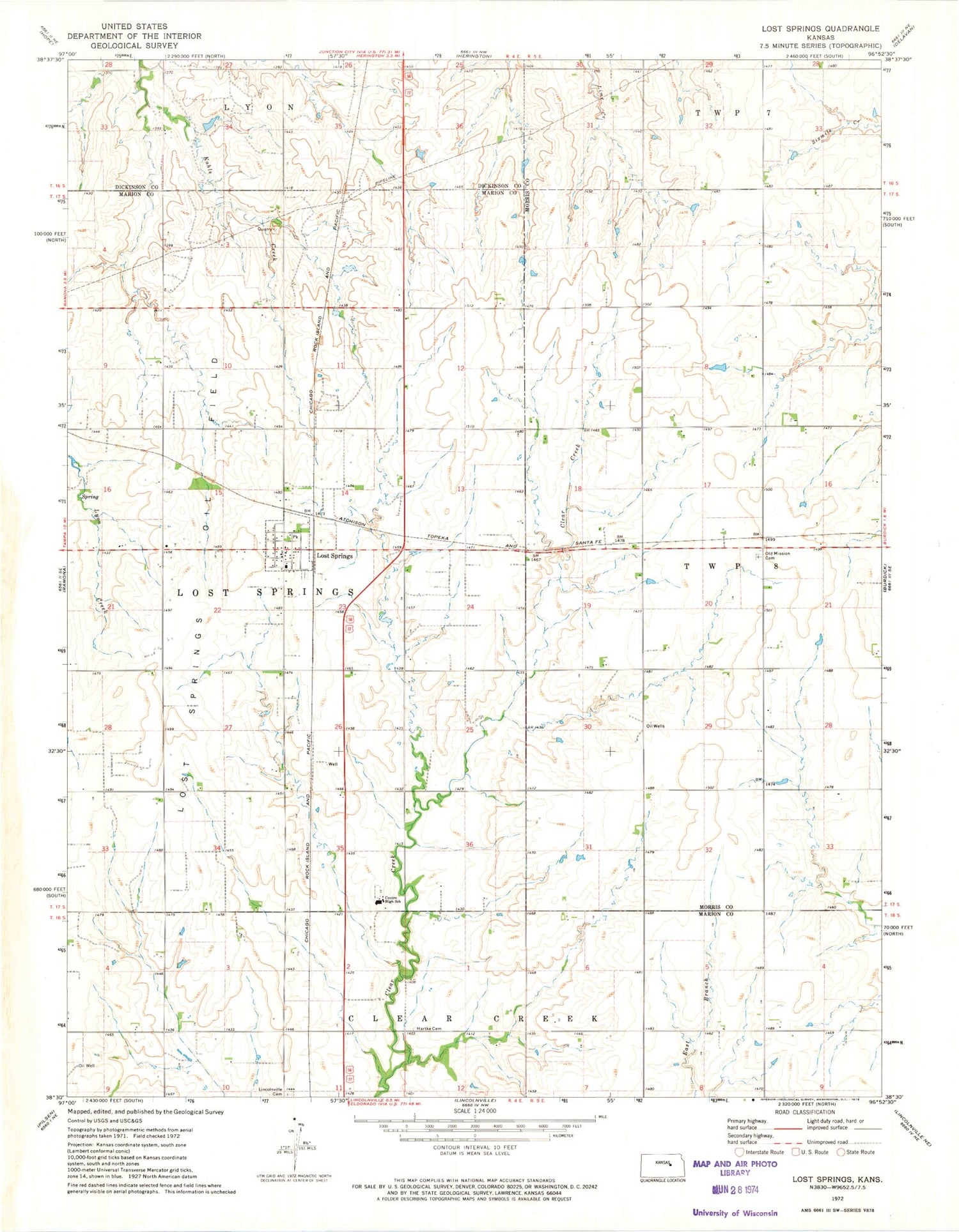 Classic USGS Lost Springs Kansas 7.5'x7.5' Topo Map Image