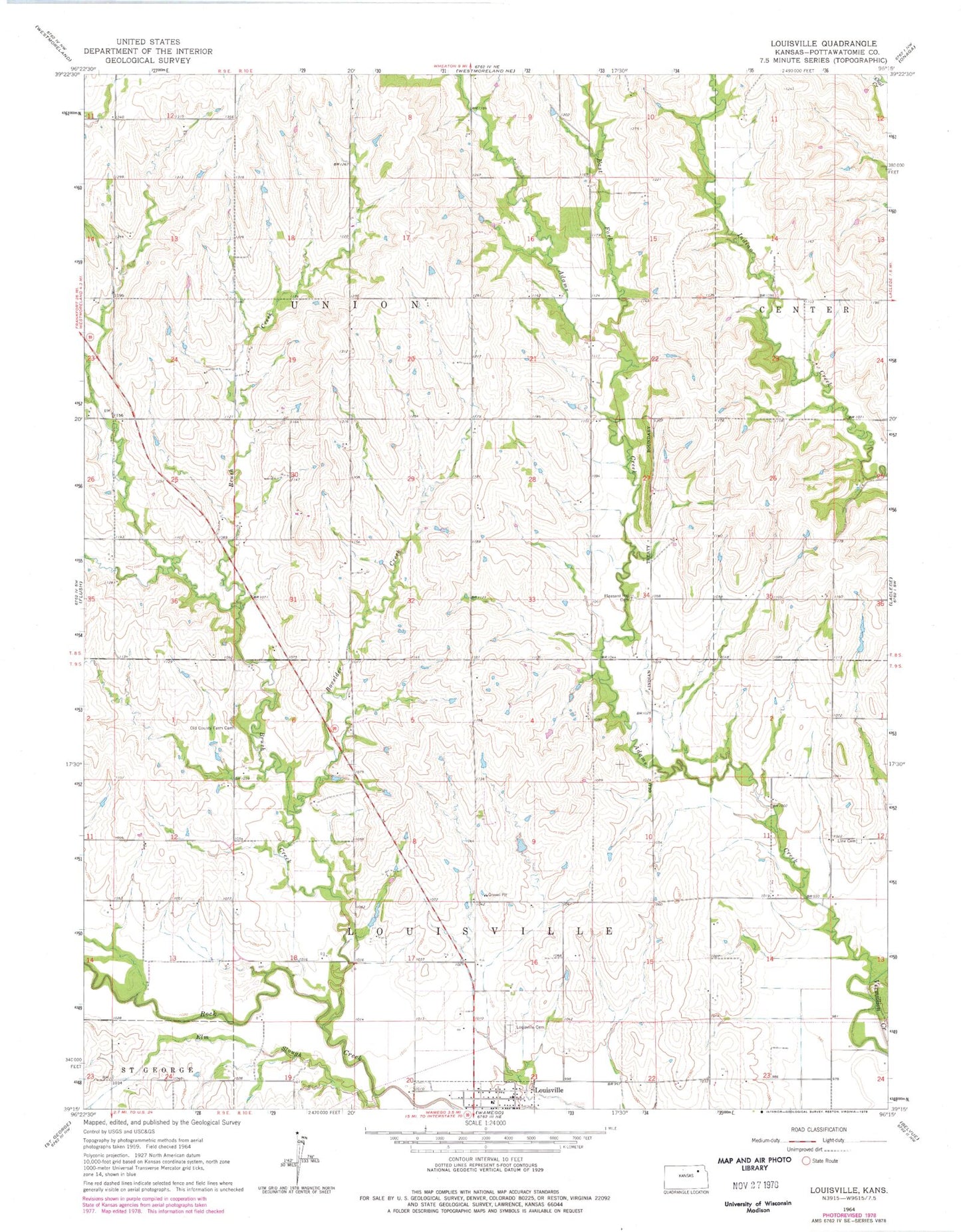 Classic USGS Louisville Kansas 7.5'x7.5' Topo Map Image