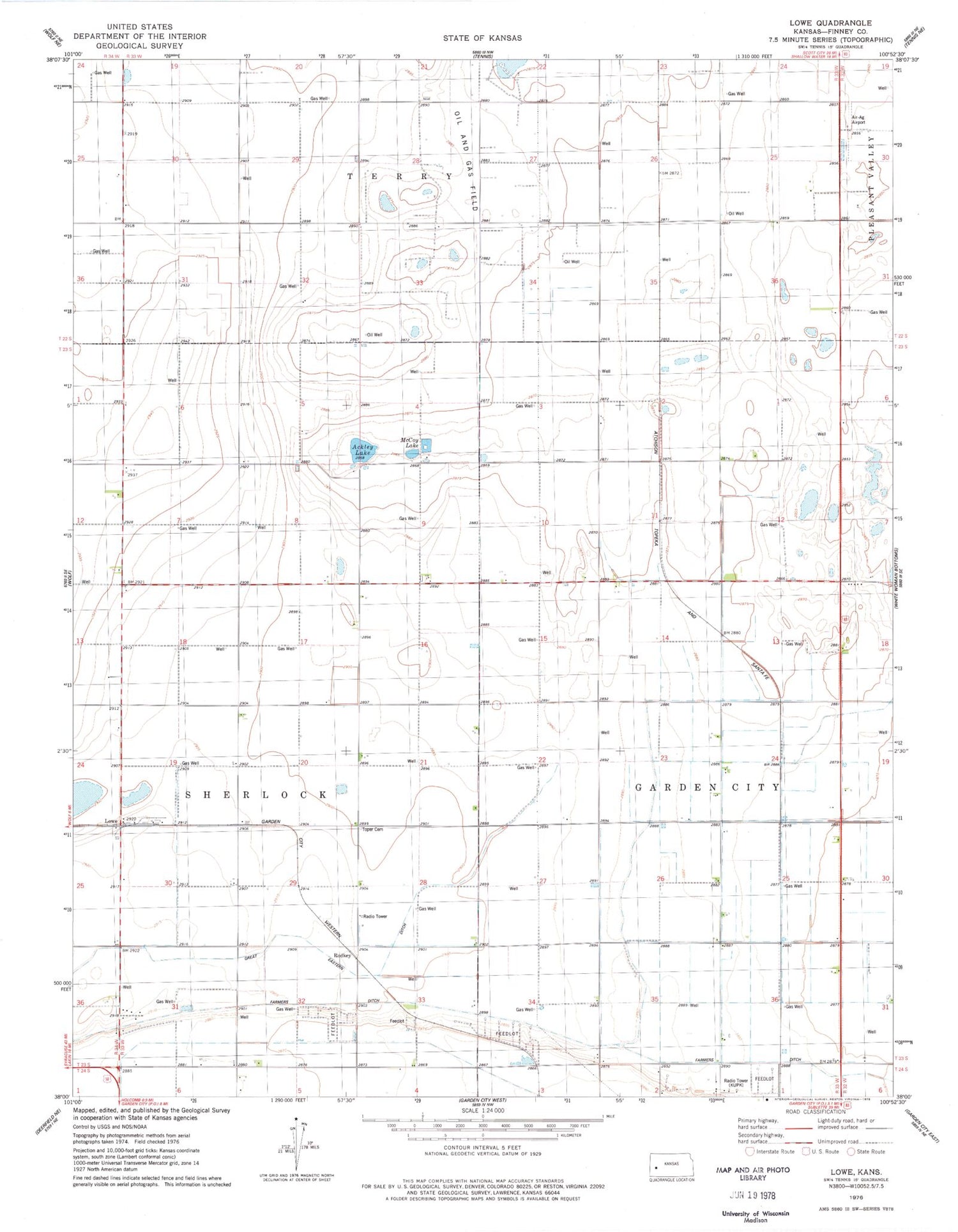 Classic USGS Lowe Kansas 7.5'x7.5' Topo Map Image