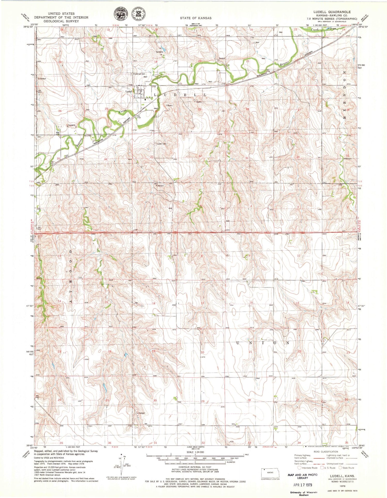 Classic USGS Ludell Kansas 7.5'x7.5' Topo Map Image