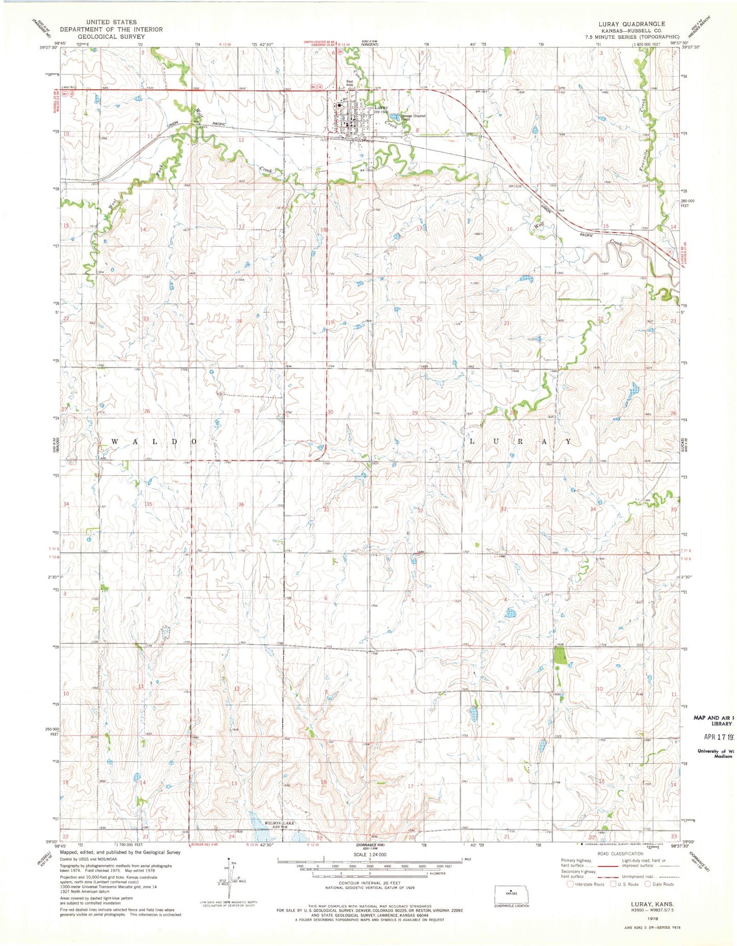 Classic USGS Luray Kansas 7.5'x7.5' Topo Map Image