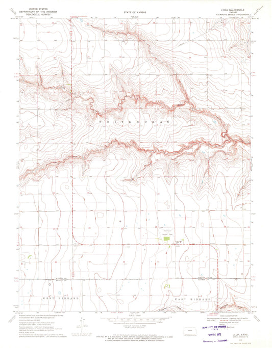 Classic USGS Lydia Kansas 7.5'x7.5' Topo Map Image