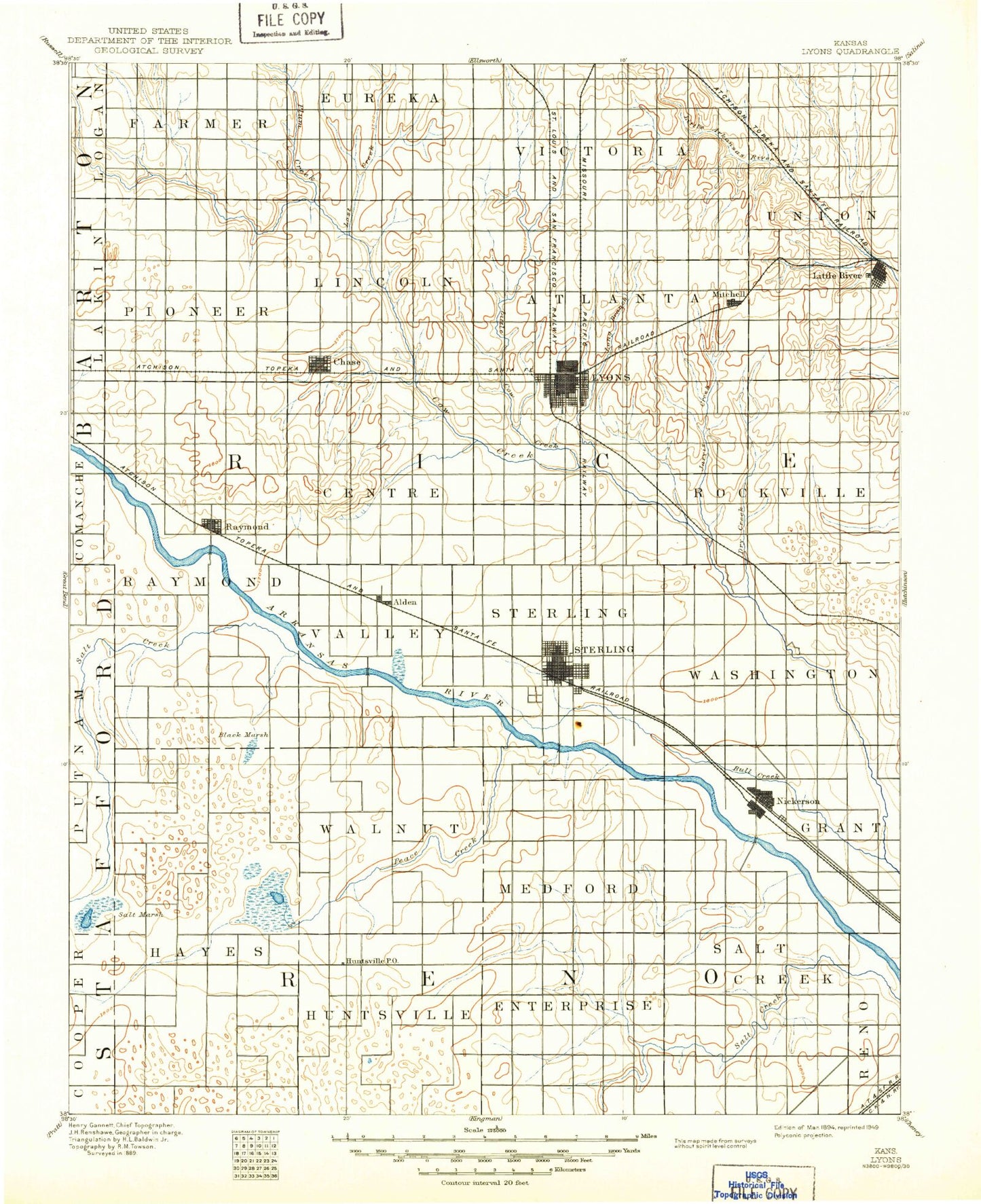 Historic 1894 Lyons Kansas 30'x30' Topo Map Image