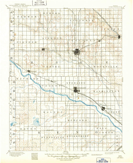 Historic 1894 Lyons Kansas 30'x30' Topo Map Image