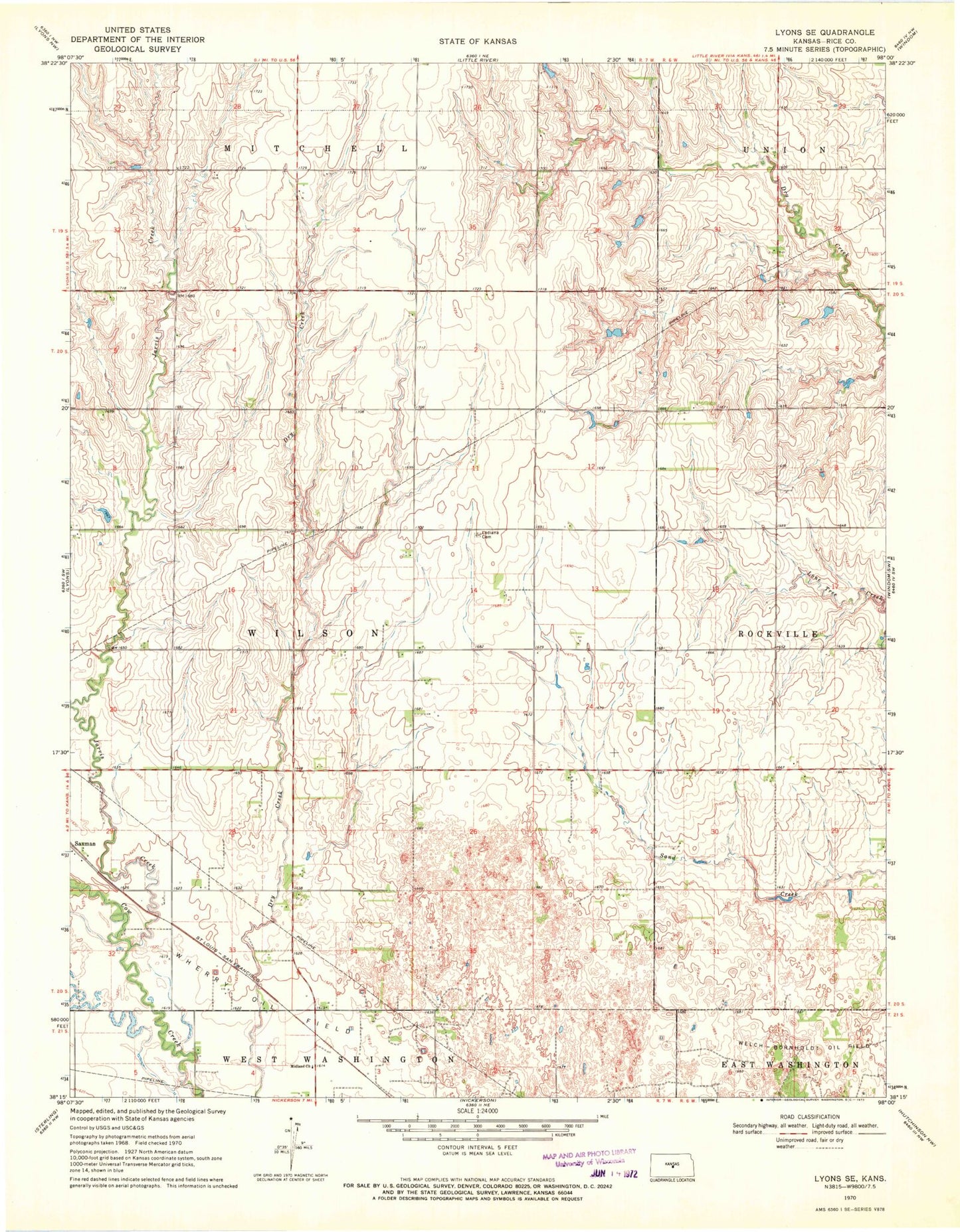 Classic USGS Lyons SE Kansas 7.5'x7.5' Topo Map Image